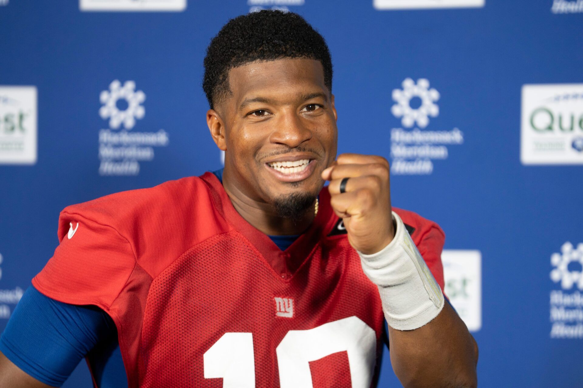 New York Giants quarterback Jameis Winston (19) speaks with members of the media during Mandatory Minicamp at Quest Diagnostics Giants Training Center in East Rutherford on Tuesday, June 17, 2025.