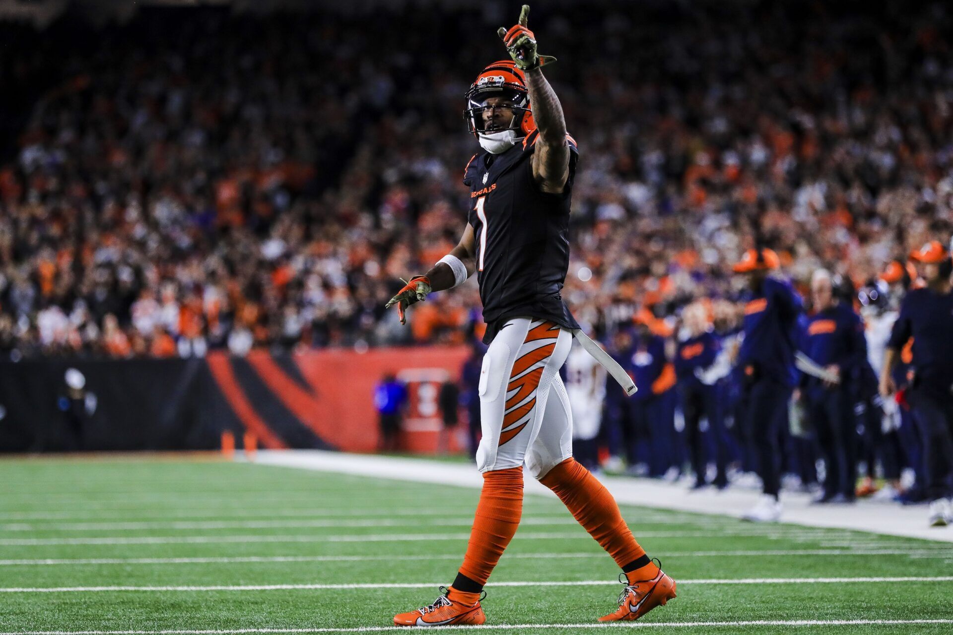Cincinnati Bengals wide receiver Ja'Marr Chase (1) reacts after a play against the Denver Broncos in the second half at Paycor Stadium.
