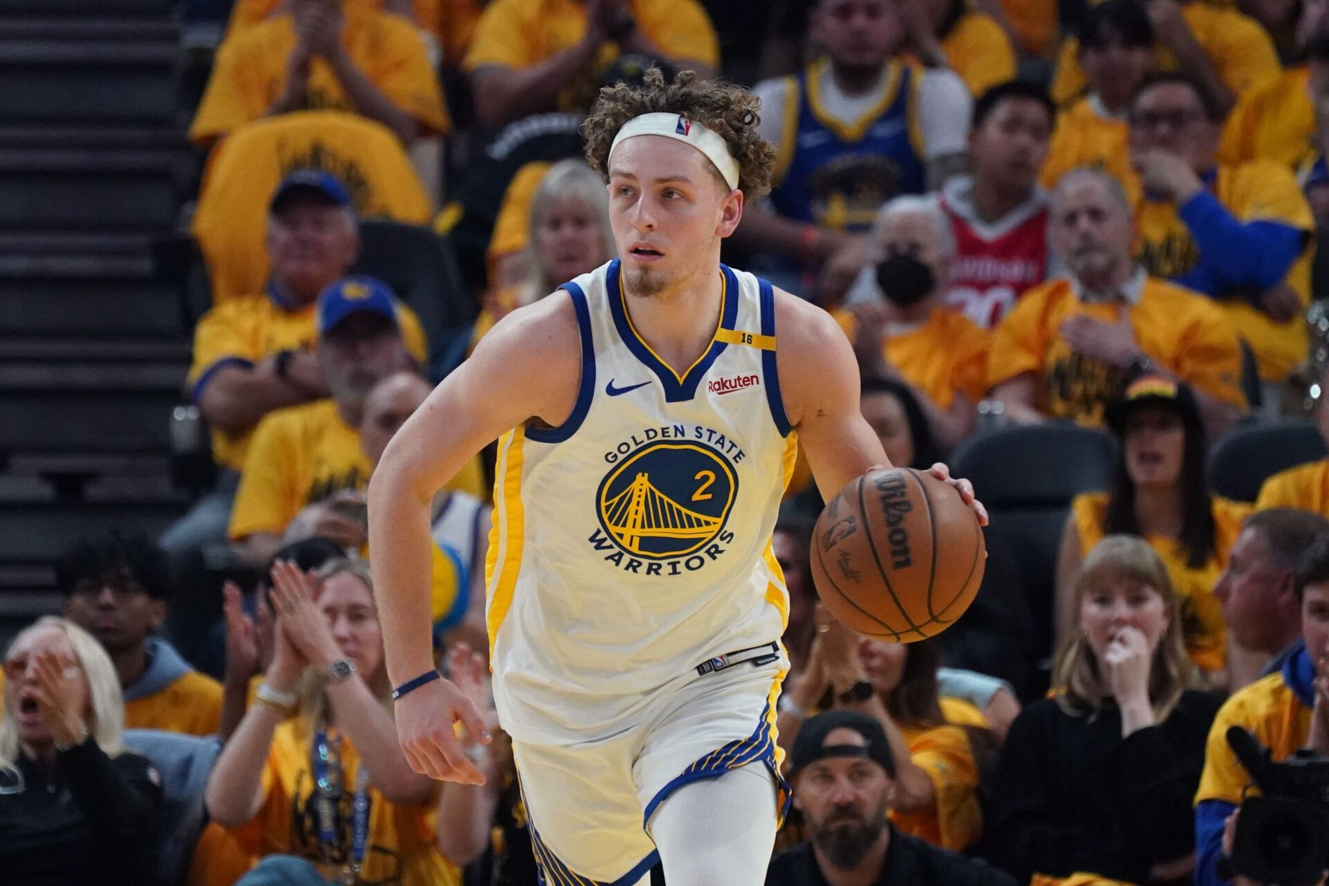 Golden State Warriors guard Brandin Podziemski (2) dribbles upcourt against the Minnesota Timberwolves in the second quarter during game three in the second round of the 2025 NBA Playoffs at Chase Center.