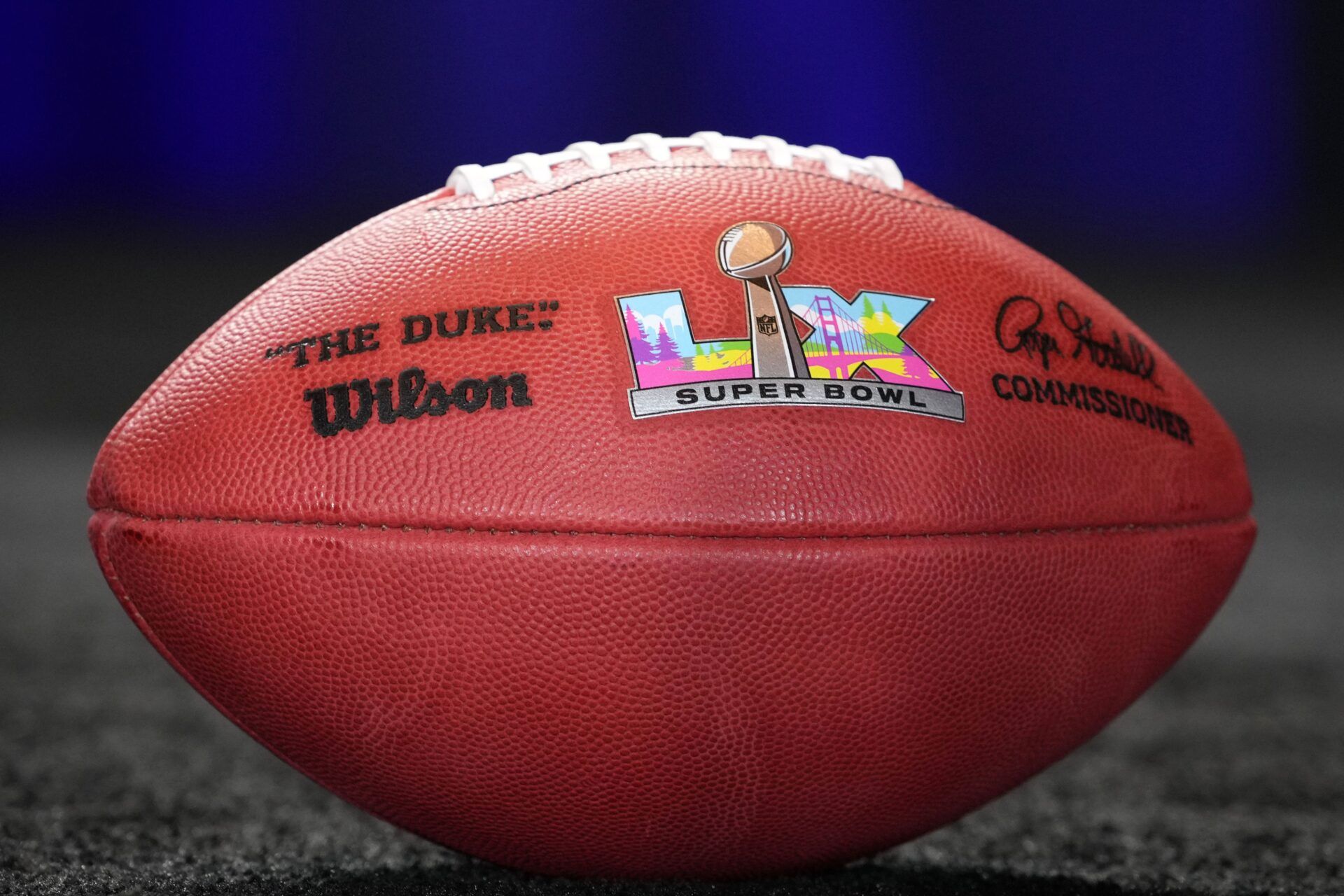 A Wilson official NFL Duke football with the Super Bowl LX (60) logo at the Super Bowl LIX host committee handoff press conference.