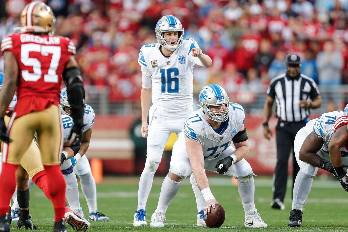 Detroit Lions quarterback Jared Goff (16) talks to center Frank Ragnow (77) before a snap against San Francisco 49ers during the first half of the NFC championship game at Levi's Stadium in Santa Clara, Calif. on Sunday, Jan. 28, 2024.