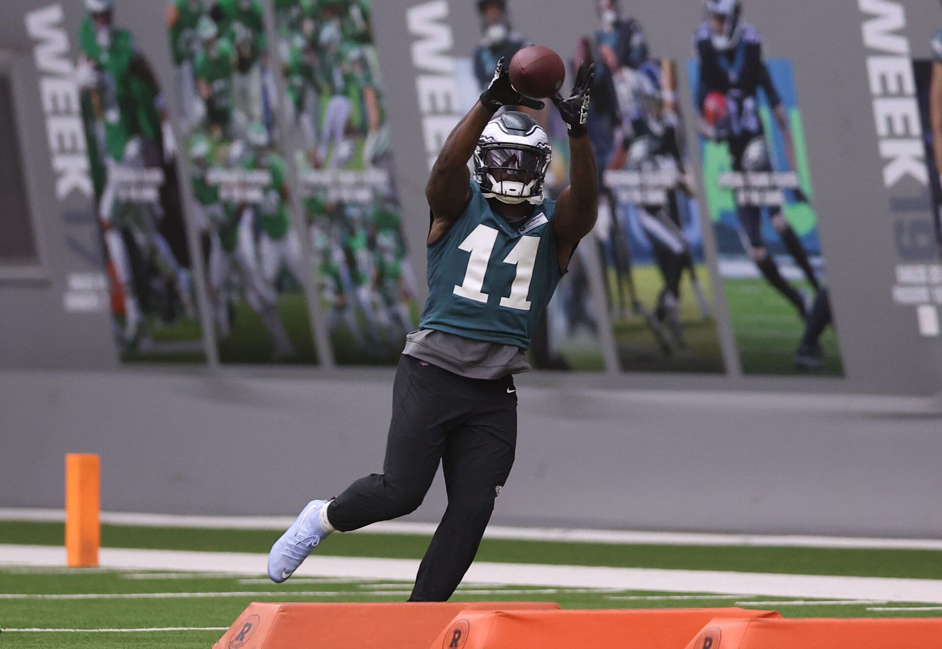 Philadelphia Eagles wide receiver A.J. Brown (11) catches a ball during OTAs at NovaCare Complex.
