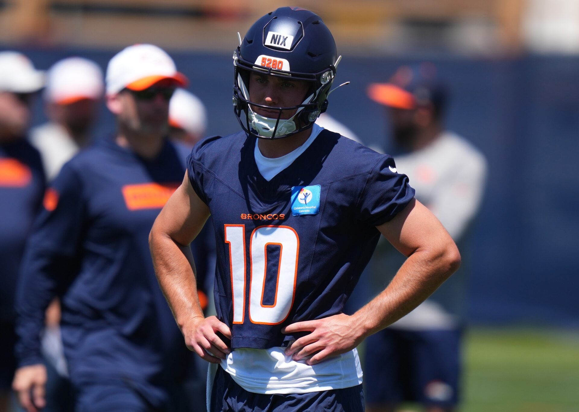 Denver Broncos quarterback Bo Nix (10) during minicamp at Broncos Park Powered by CommonSpirit.