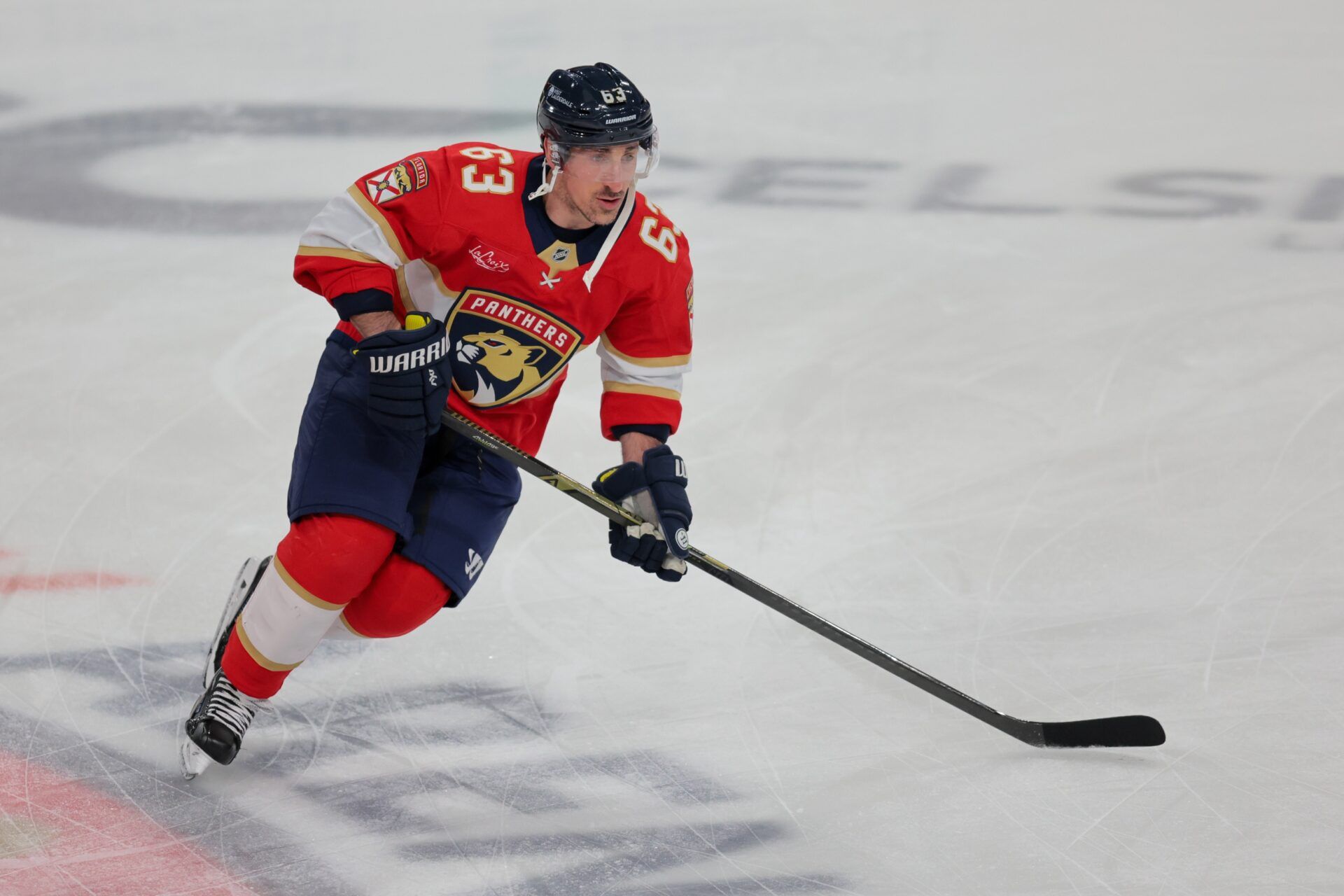Florida Panthers center Brad Marchand (63) warms up before the game against the Utah Hockey Club at Amerant Bank Arena.