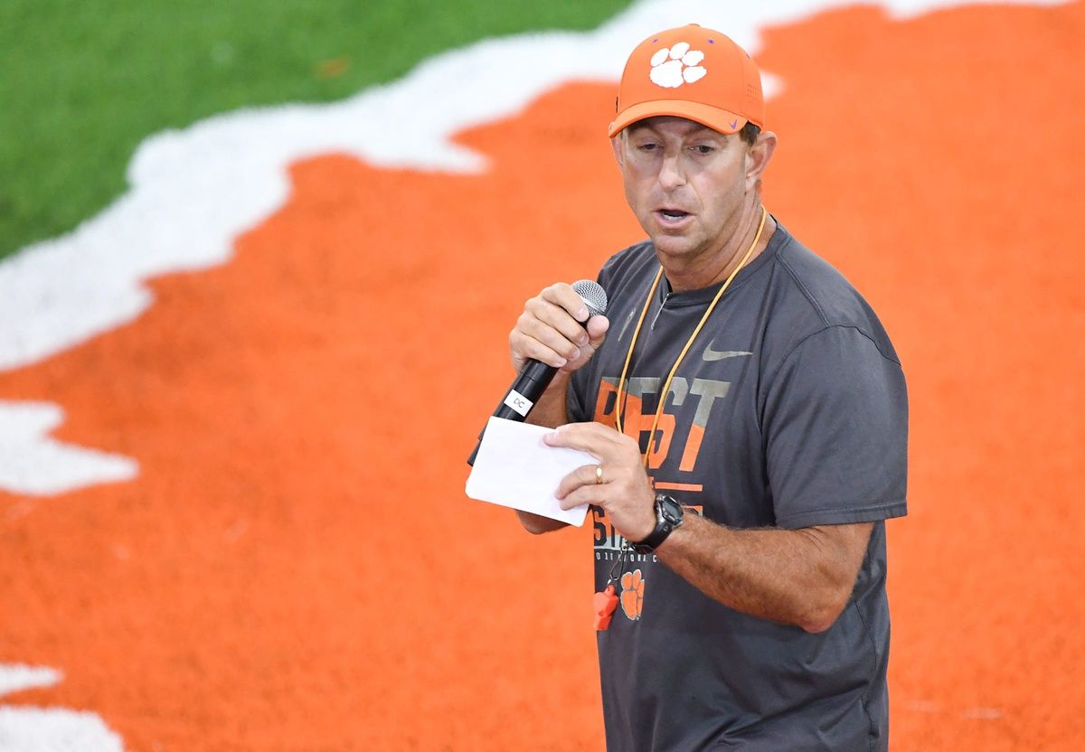 Clemson head coach Dabo Swinney talks to over 500 campers from 32 states during his football camp in Clemson, S.C. Tuesday, June 3, 2025.