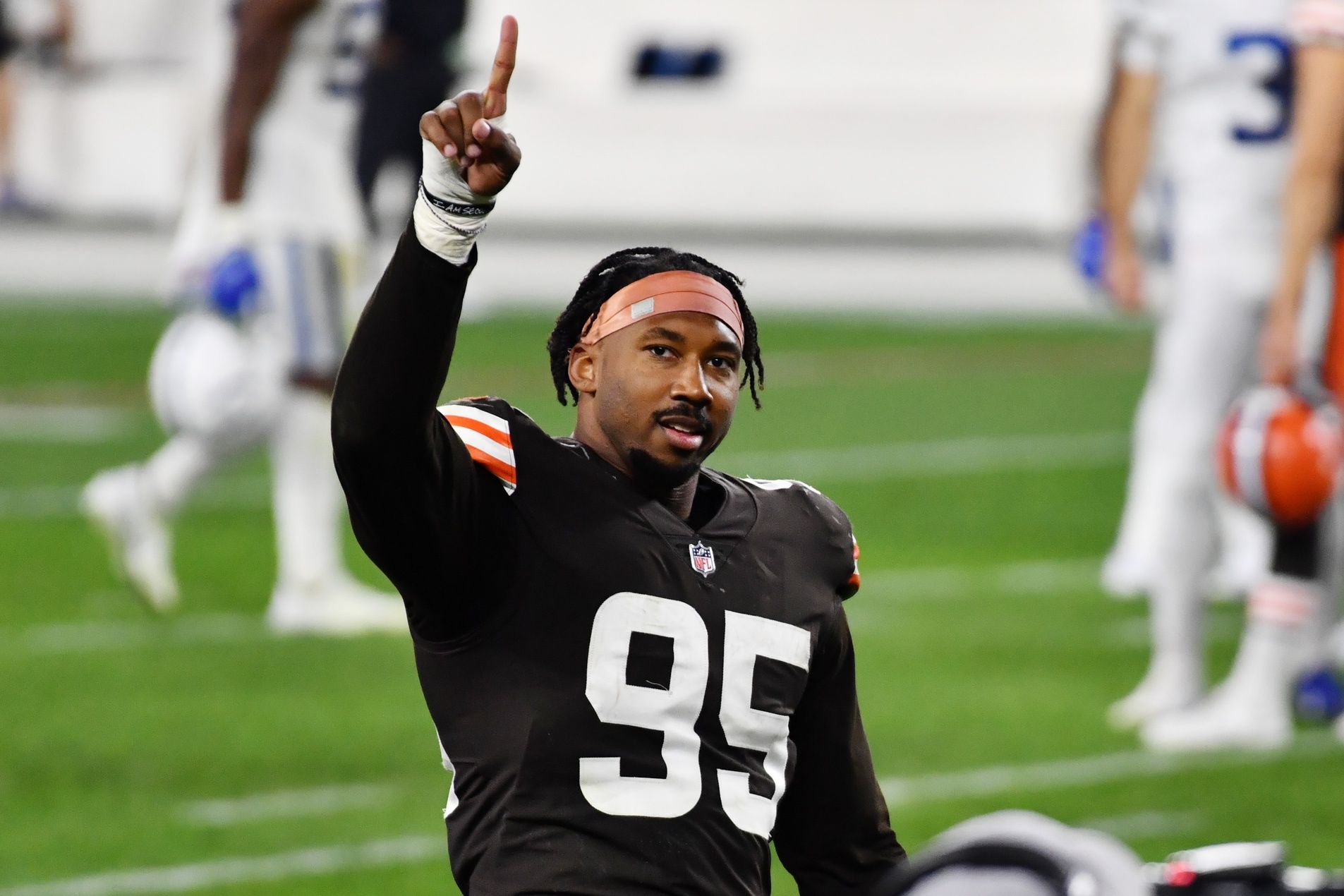 Cleveland Browns defensive end Myles Garrett (95) after the game against the Indianapolis Colts at FirstEnergy Stadium.