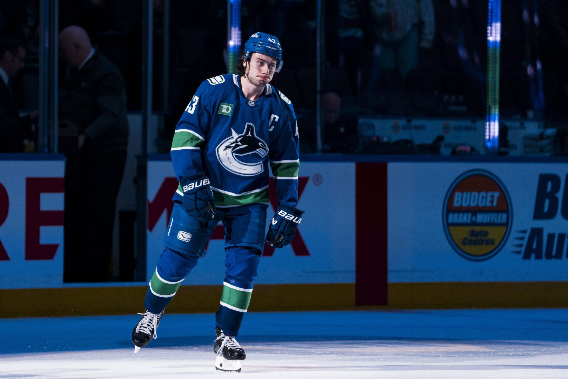 Vancouver Canucks defenseman Quinn Hughes (43) skates out as the third star of the game against the San Jose Sharks at Rogers Arena.