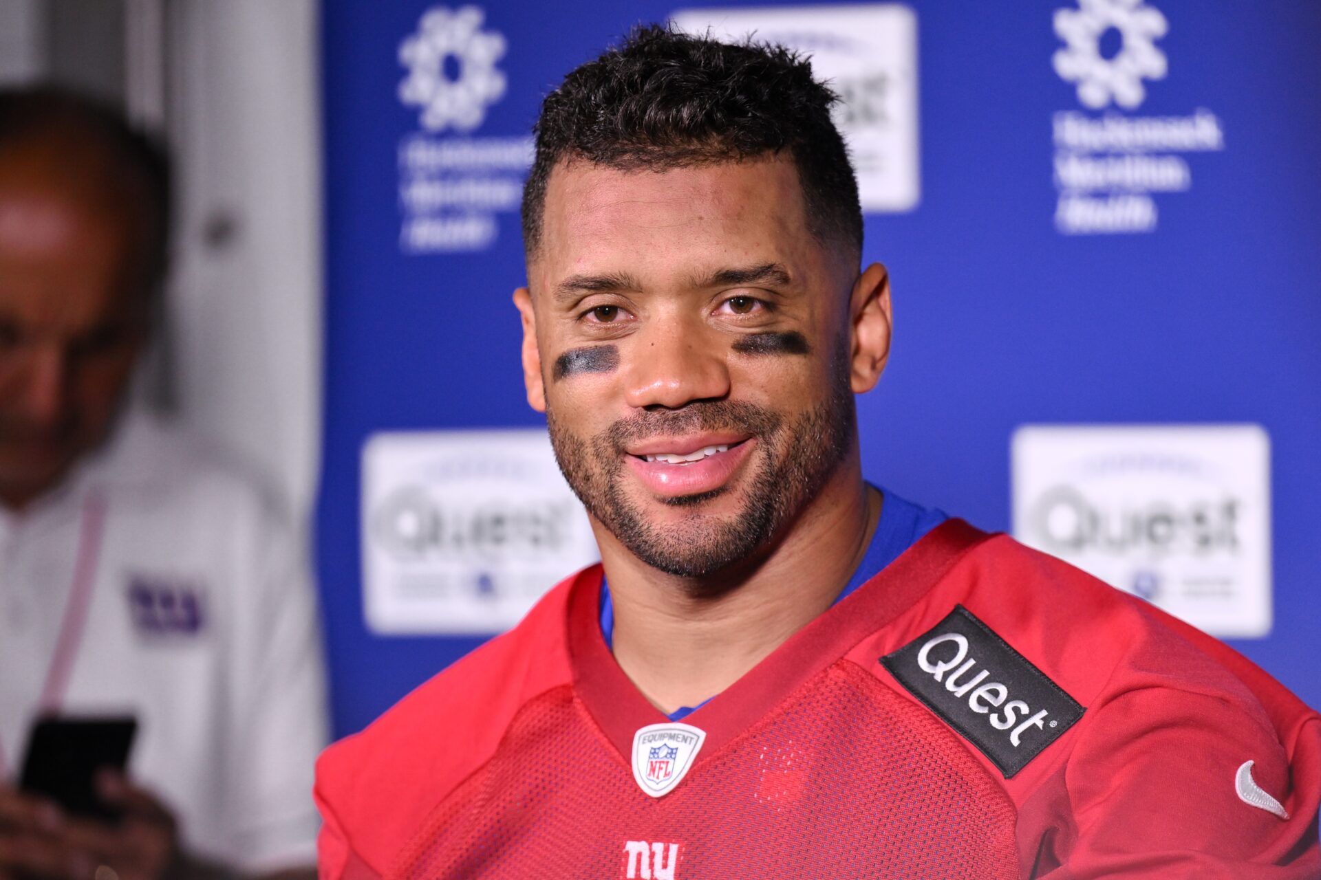 New York Giants quarterback Russell Wilson (3) speaks at a press conference during minicamp at Quest Diagnostics Training Center.
