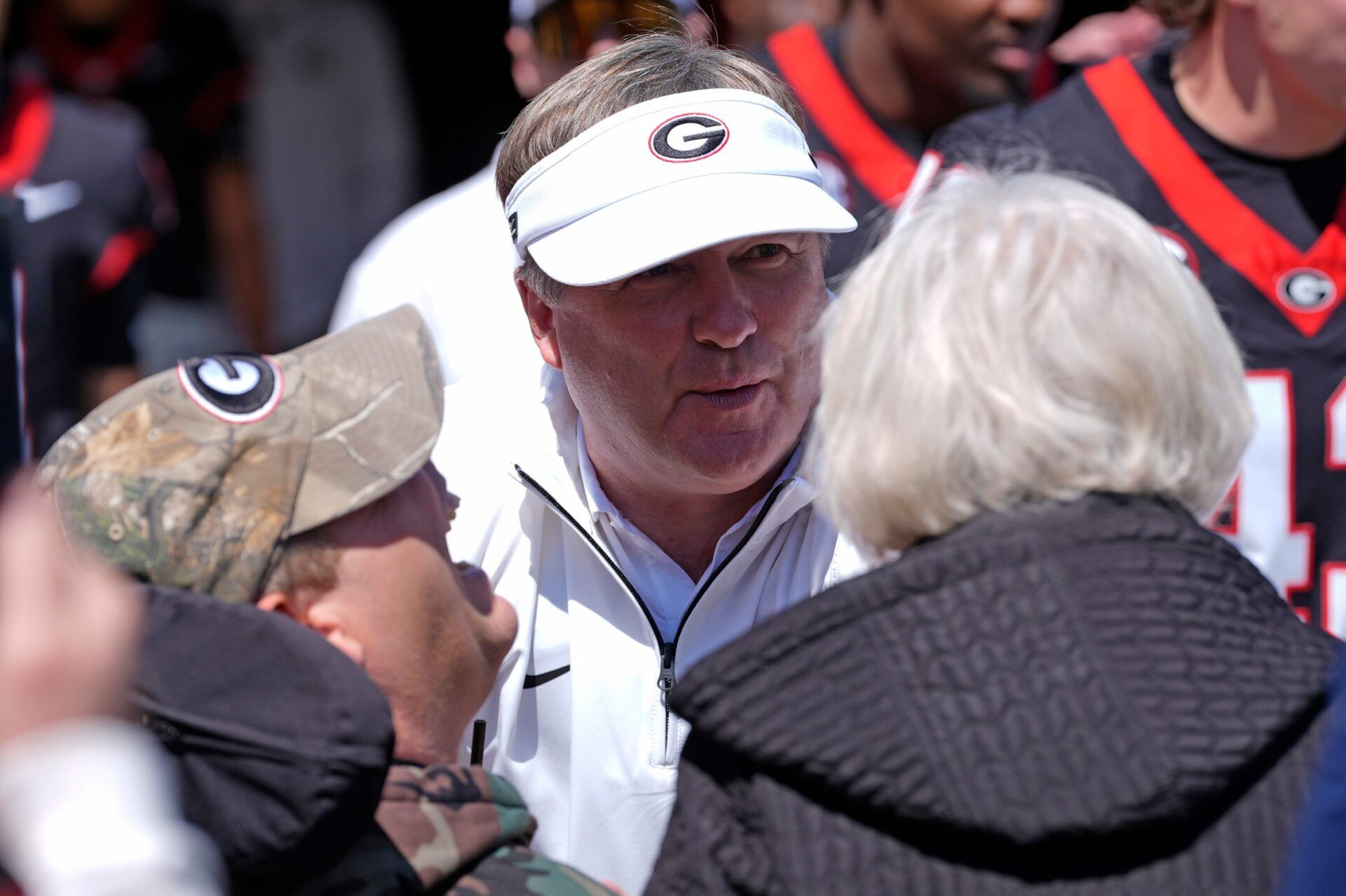 Georgia head coach Kirby Smart speaks with fans before the start of the Georgia G-Day spring football game in Athens, Ga., on Saturday, April 12, 2025.