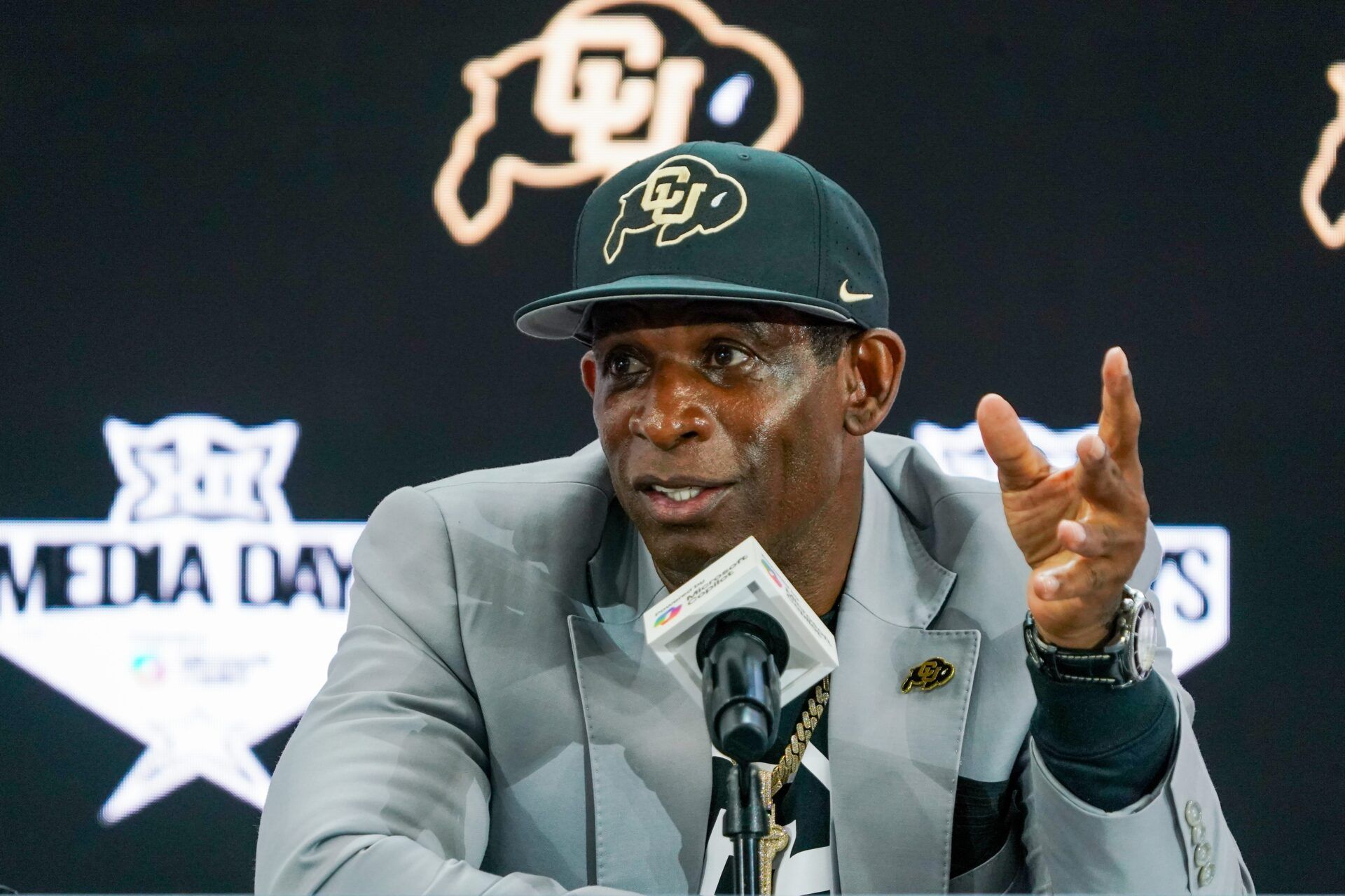 Colorado head coach Deion Sanders speaks with the media during 2025 Big 12 Football Media Days at The Star.