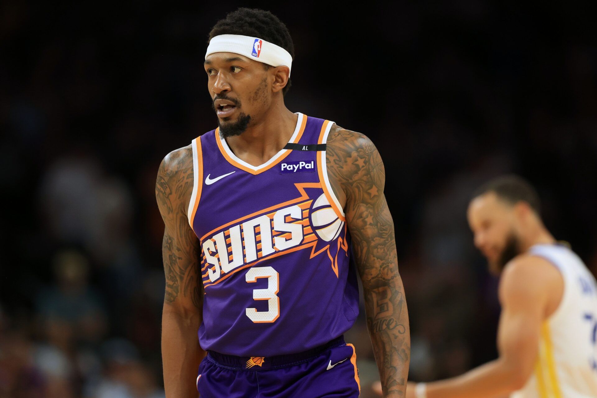Phoenix Suns guard Bradley Beal (3) reacts during the first half against the Golden State Warriors at Footprint Center.