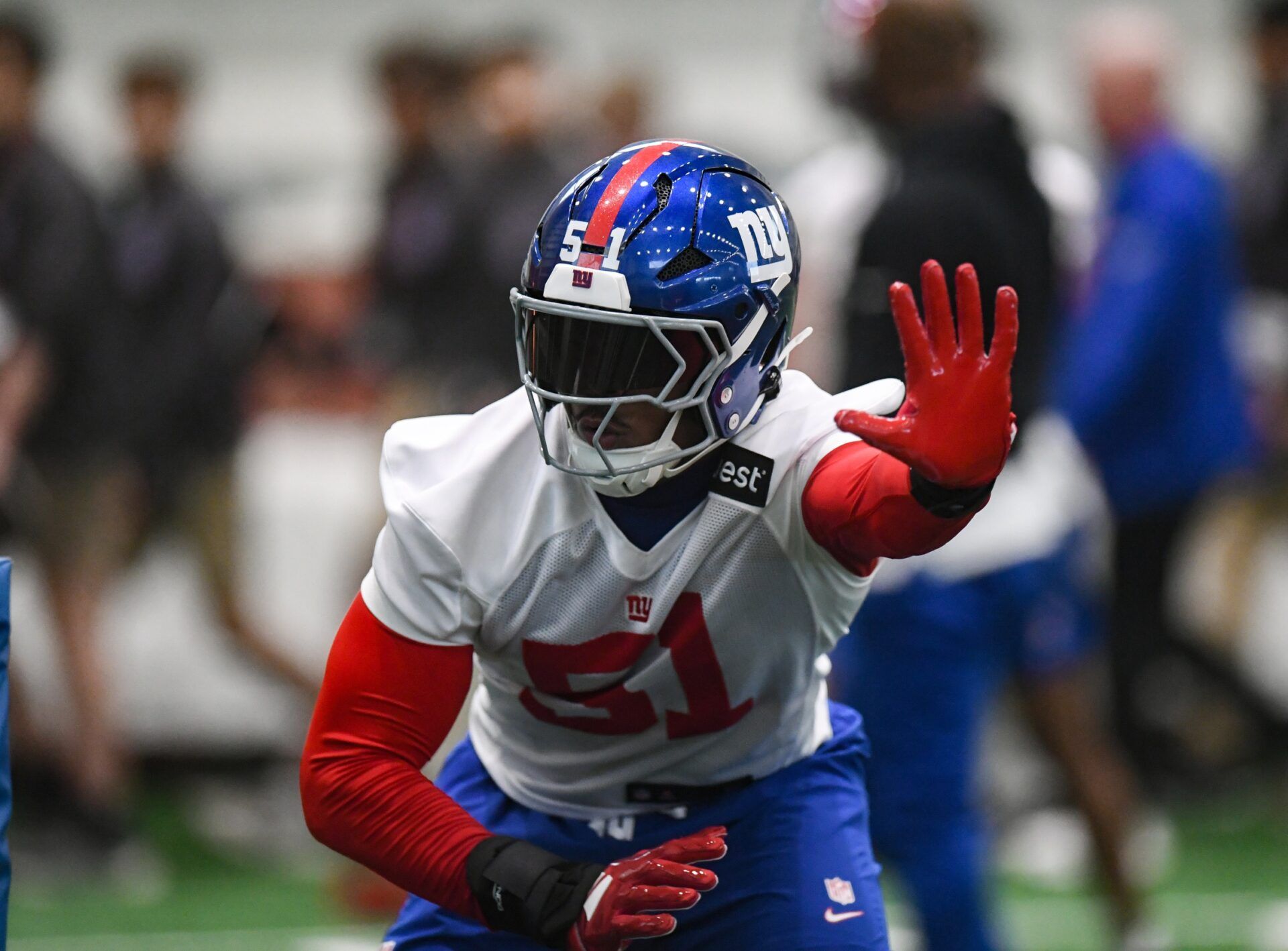 New York Giants linebacker Abdul Carter (51) participates in a drill during rookie minicamp at Quest Diagnostics Training Center.