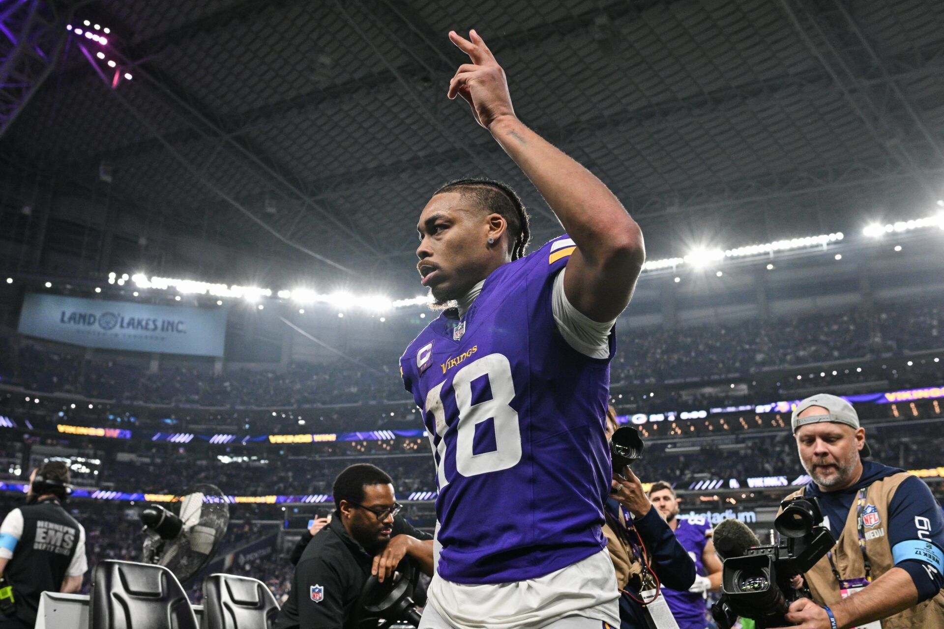 Minnesota Vikings wide receiver Justin Jefferson (18) walks off the field after the game against the Green Bay Packers at U.S. Bank Stadium.