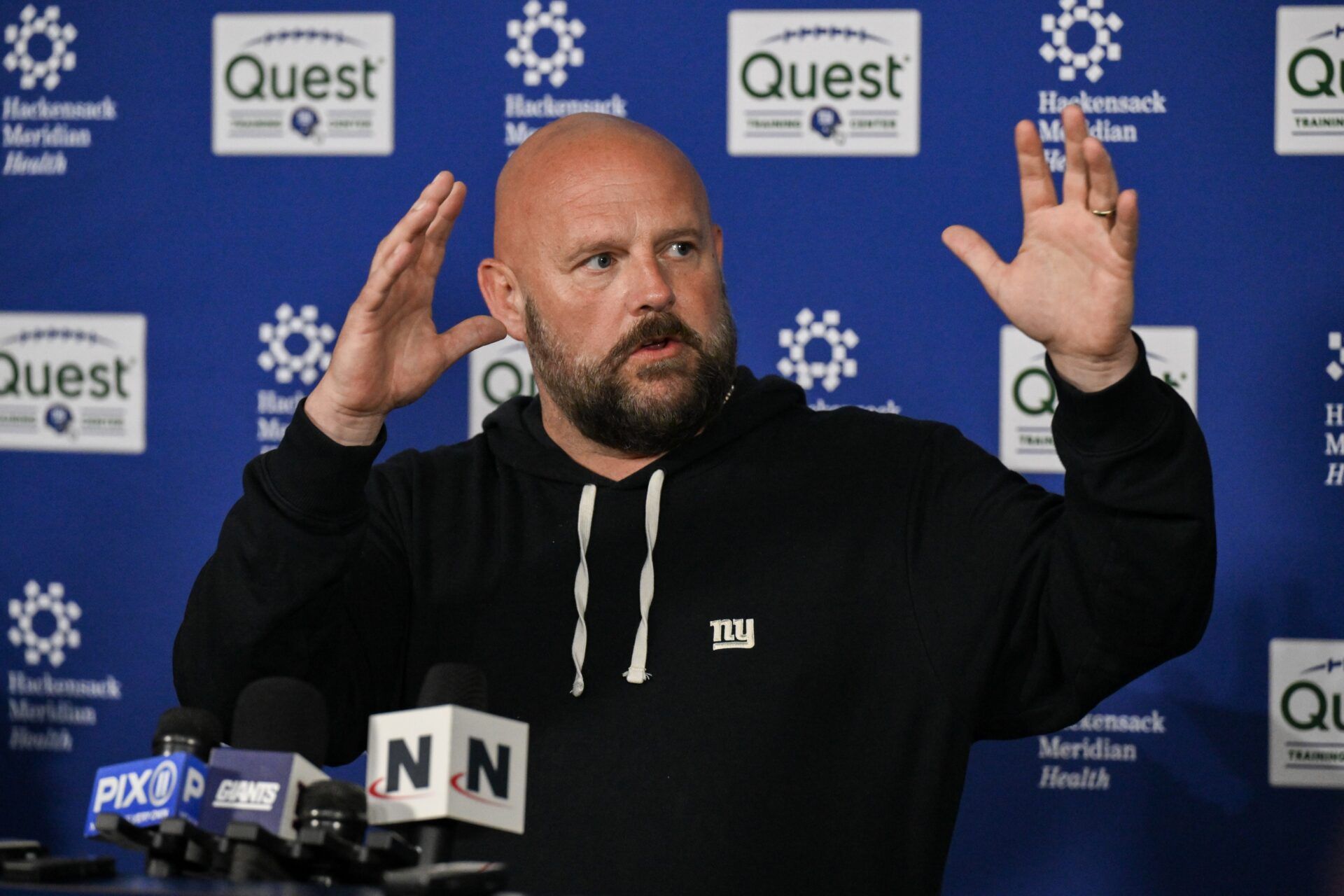 New York Giants head coach Brian Daboll speaks at a press conference prior to rookie minicamp at Quest Diagnostics Training Center.
