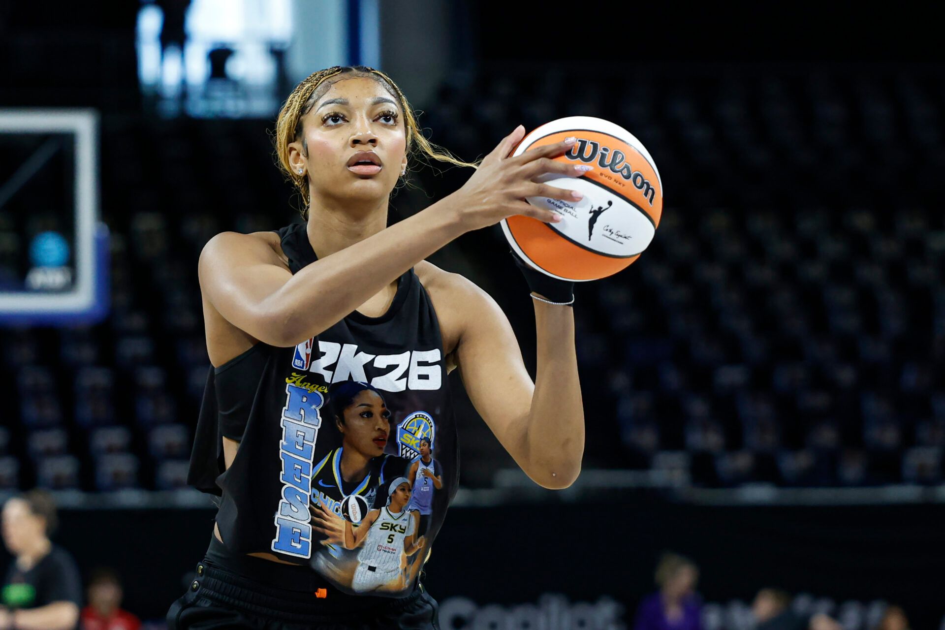 Chicago Sky forward Angel Reese (5) warms up before a WNBA game against the Minnesota Lynx at Wintrust Arena.