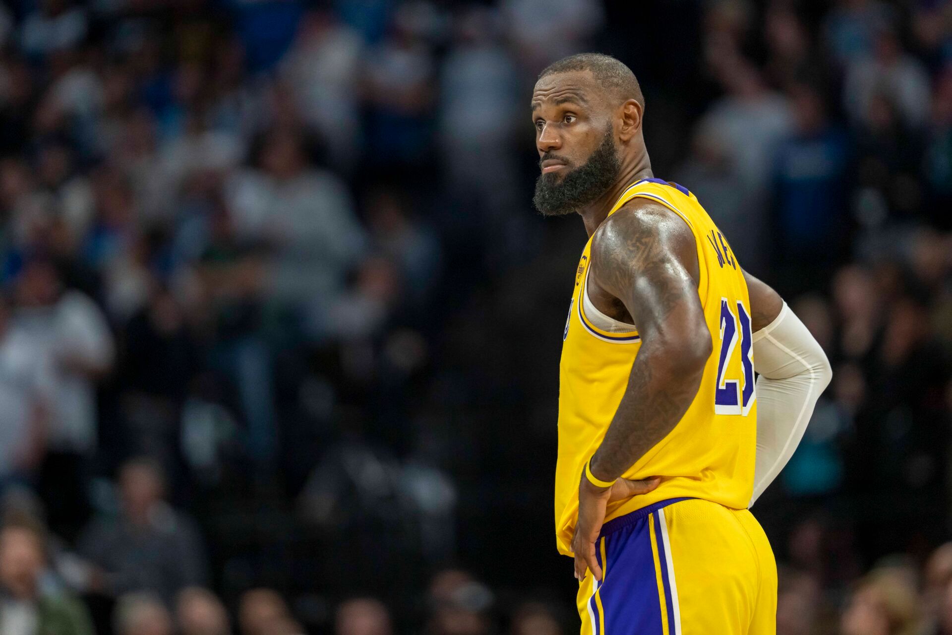 Los Angeles Lakers forward LeBron James (23) looks on against the Minnesota Timberwolves in the second half during game three of first round for the 2024 NBA Playoffs at Target Center.
