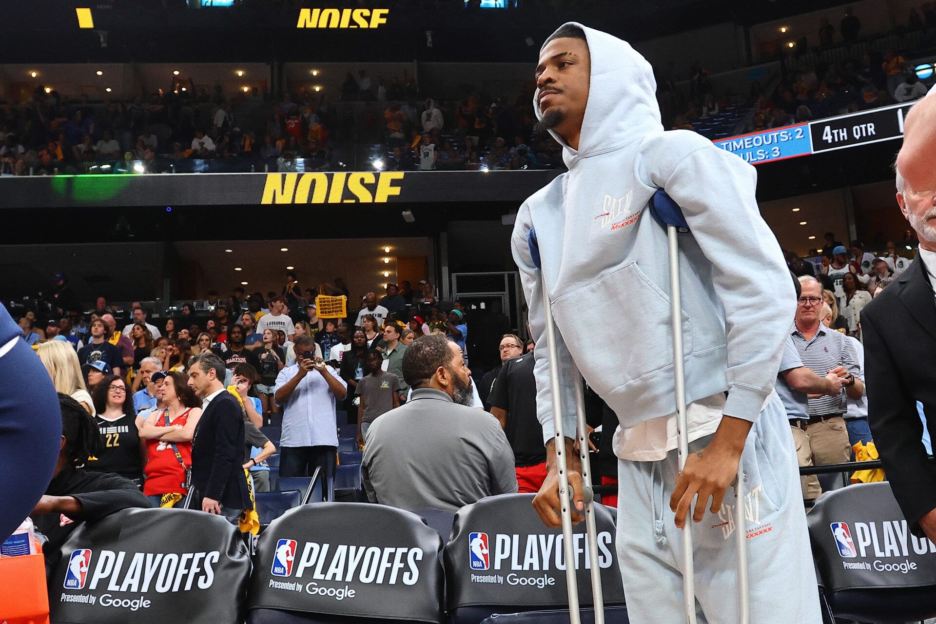 Memphis Grizzlies guard Ja Morant (12) looks on during a time out during the fourth quarter against the Oklahoma City Thunder during game four for the first round of the 2024 NBA Playoffs at FedExForum.