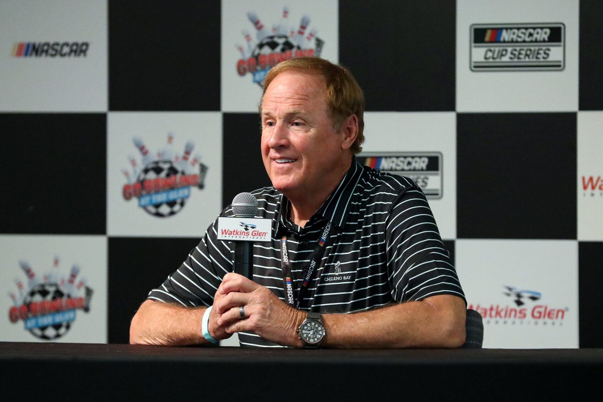 Retired NASCAR Cup Series driver Rusty Wallace speaks in the media center prior to the Go Bowling at The Glen at Watkins Glen International.