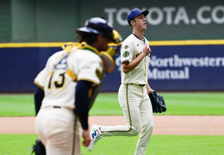 Milwaukee Brewers starting pitcher Jacob Misiorowski (32) reacts after pitching five scoreless innings against the Pittsburgh Pirates at American Family Field.