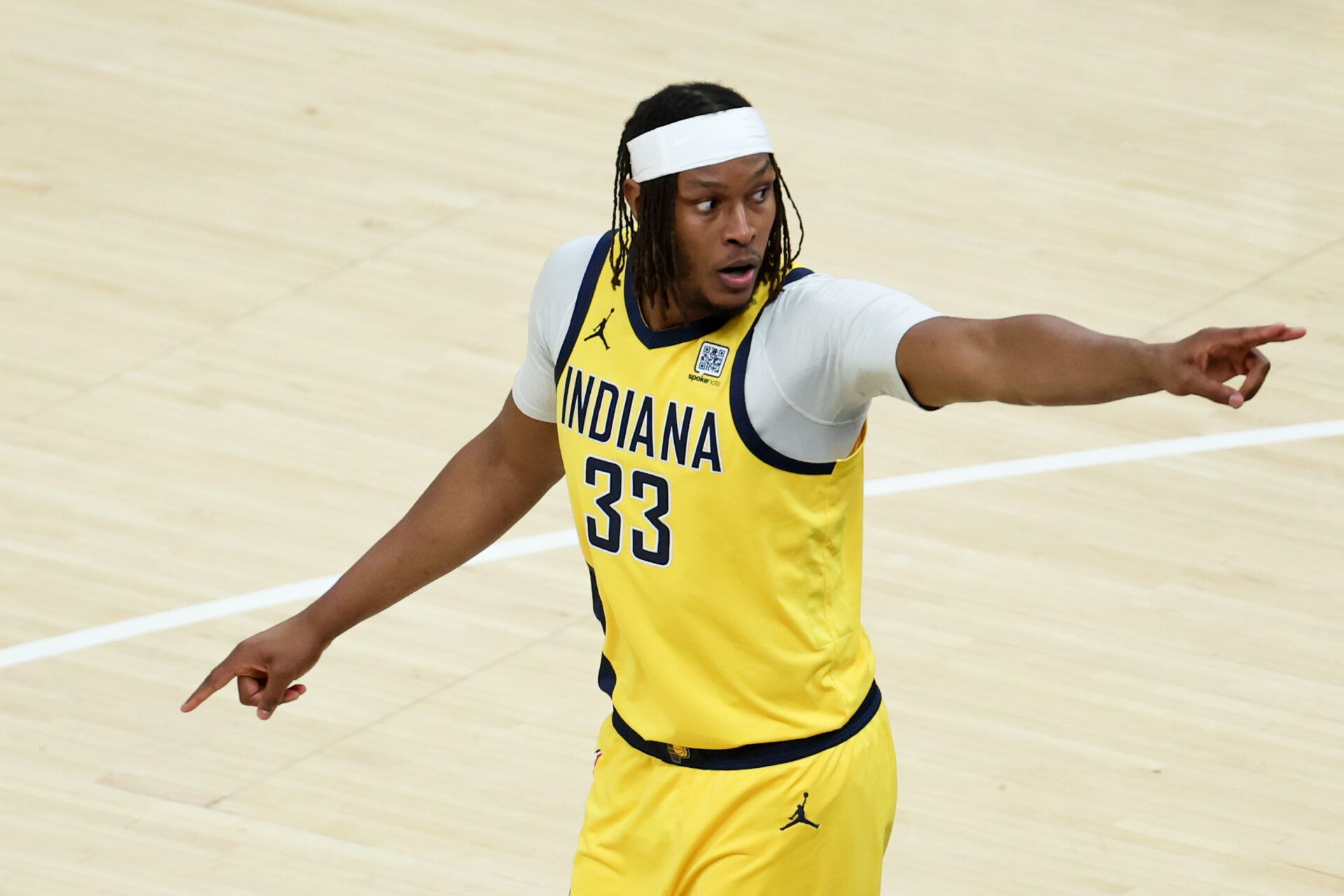 Indiana Pacers center Myles Turner (33) reacts in the first quarter during game six of the 2025 NBA Finals against the Oklahoma City Thunder at Gainbridge Fieldhouse.