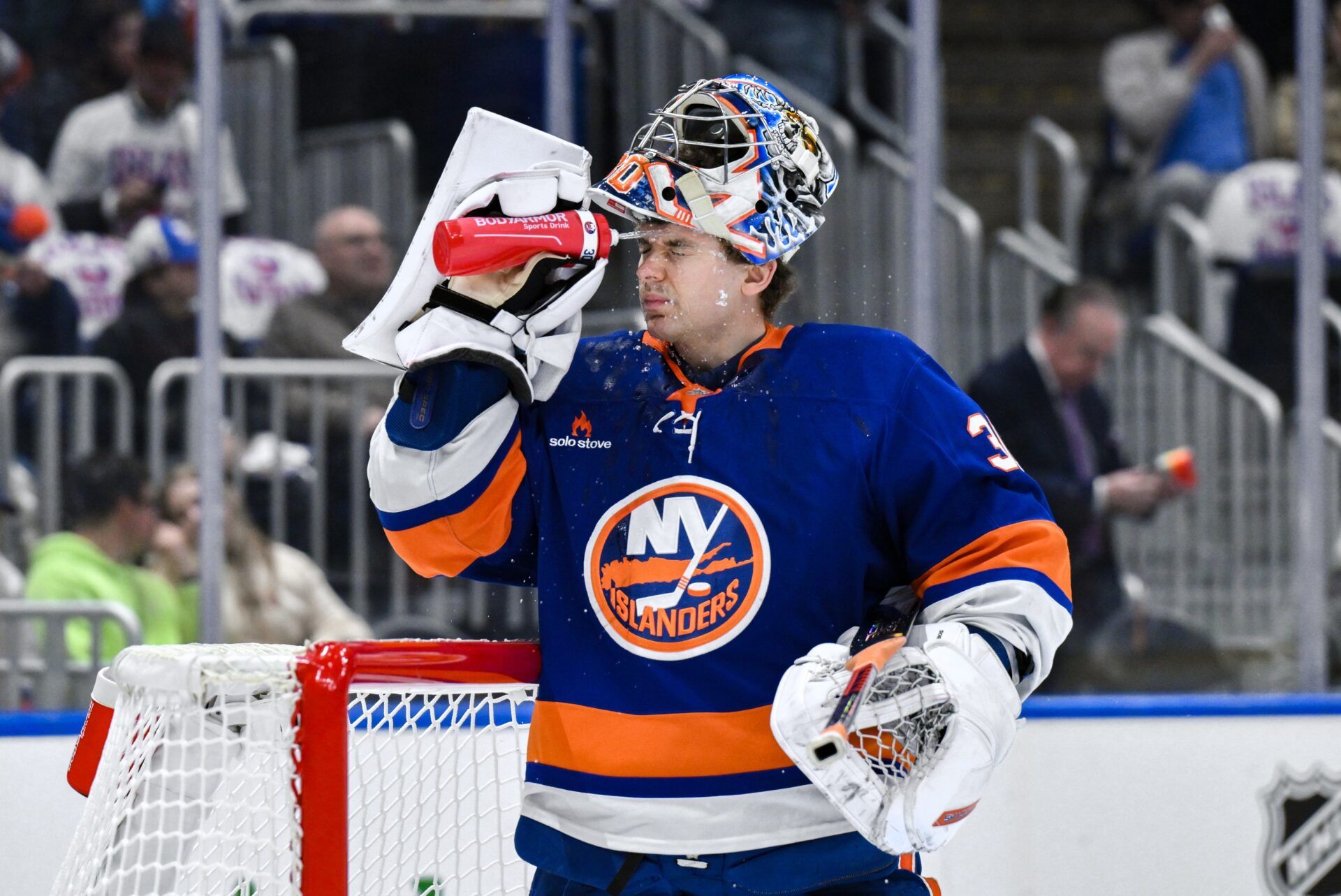 New York Islanders goaltender Ilya Sorokin (30) takes a water break before the first period against the Washington Capitals at UBS Arena.