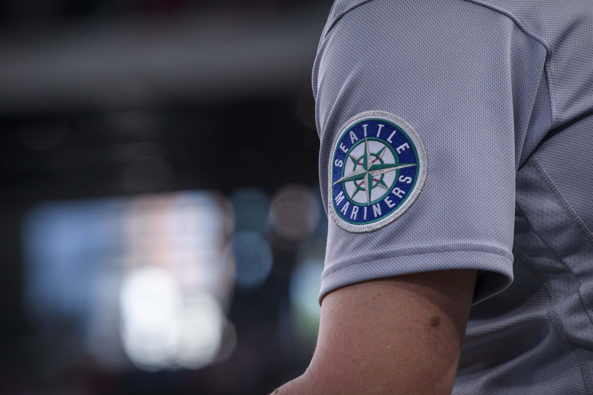 A view of the Seattle Mariners logo during the game between the Texas Rangers and the Seattle Mariners at Globe Life Field.