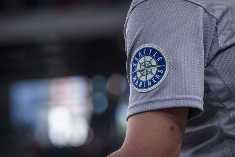 A view of the Seattle Mariners logo during the game between the Texas Rangers and the Seattle Mariners at Globe Life Field.