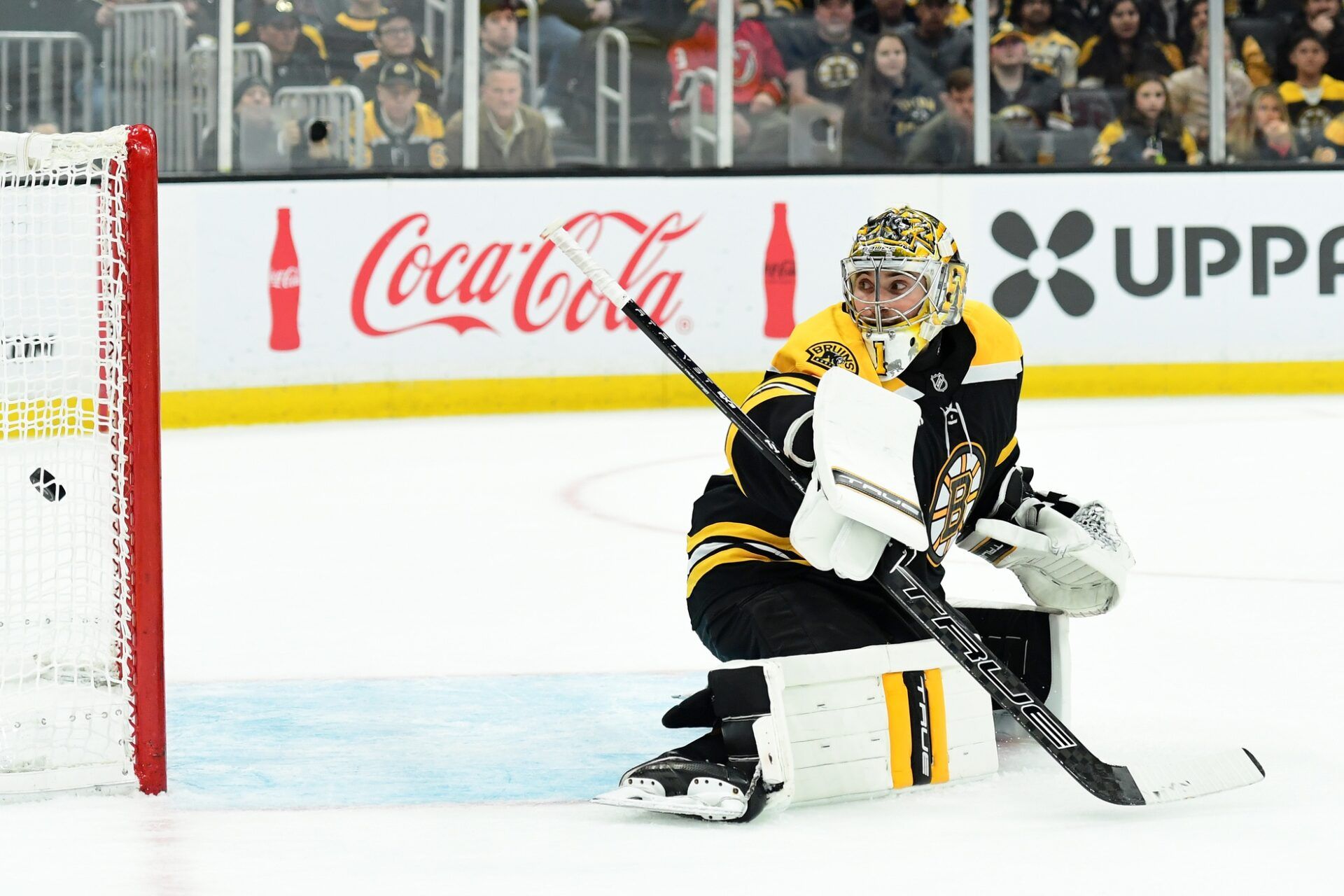New Jersey Devils defenseman Brian Dumoulin (2) (not pictured) scores in overtime past Boston Bruins goaltender Jeremy Swayman (1) at TD Garden.