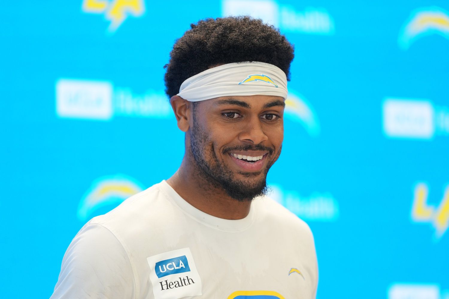 Los Angeles Chargers receiver Tre Harris at press conference during organized team activities at The Bolt.
