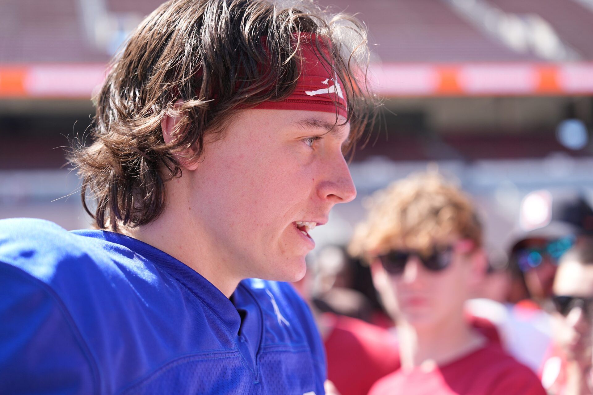 Oklahoma's John Mateer sings autographs during the University of Oklahoma Sooners Crimson Combine at Gaylord Family - Oklahoma Memorial Stadium in Norman, Okla., Saturday, April, 12, 2025.
