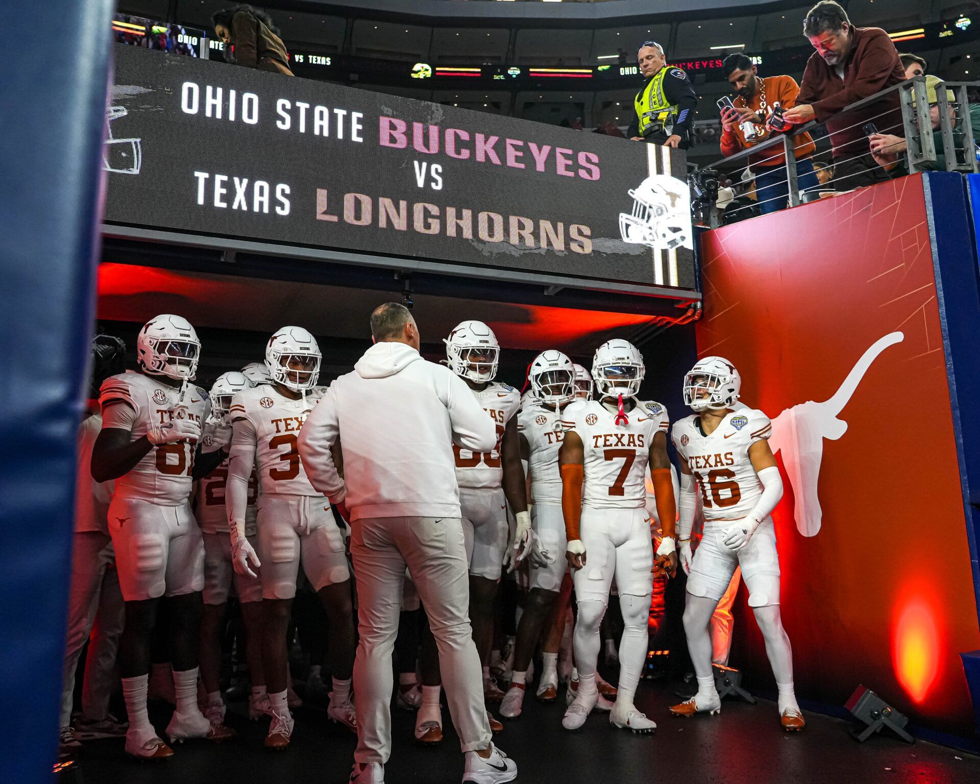 Texas Longhorns head coach Steve Sarkisian leads his team to the field for the second half of the College Football Playoff semifinal game against Ohio State in the Cotton Bowl at AT&T Stadium on Friday, Jan. 10, 2024 in Arlington, Texas.