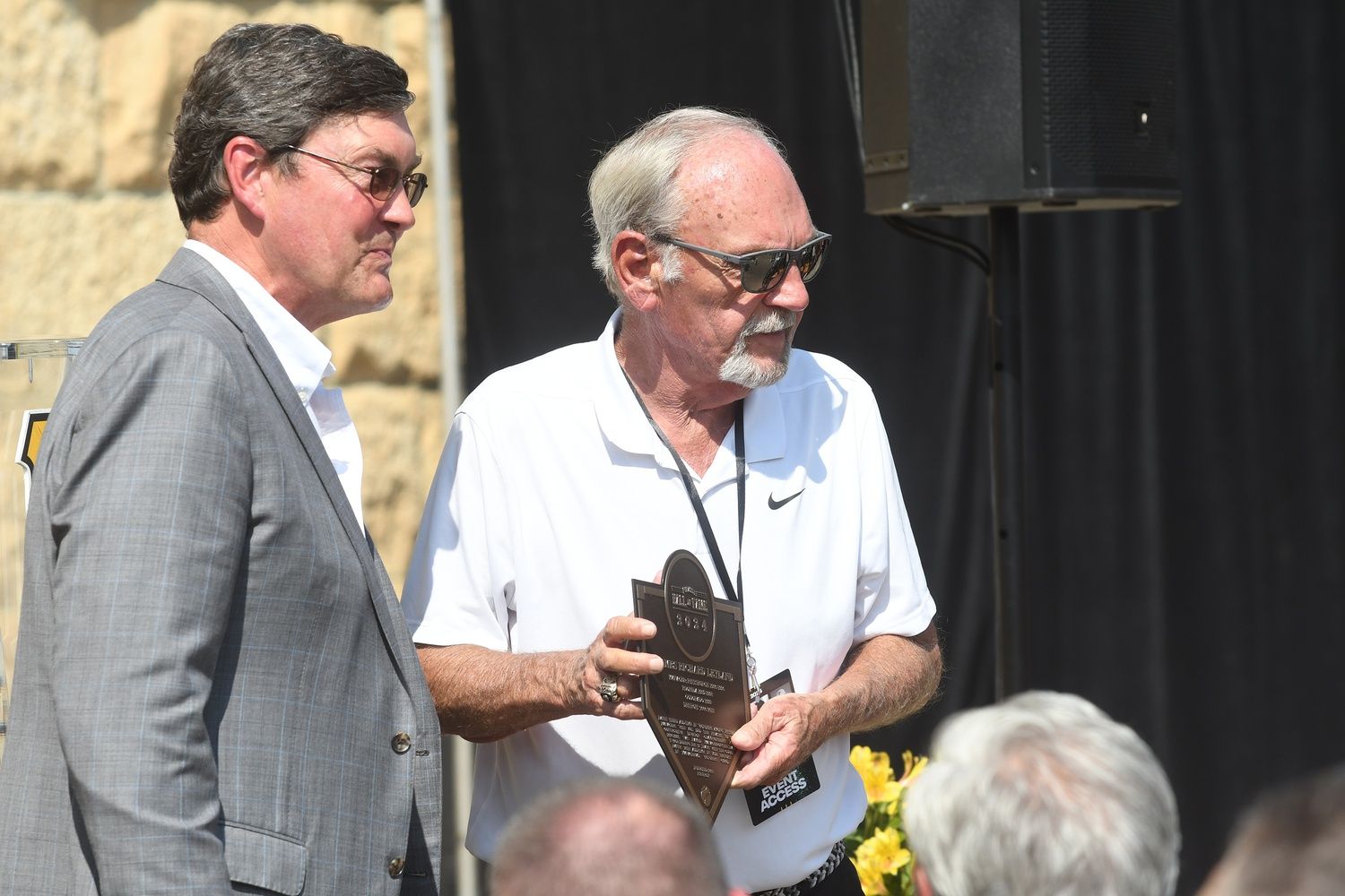 Pittsburgh Pirates owner Bob Nutting (left) stands next to Jim Leyland as he holds his plaque after being inducted into the Pittsburgh Pirates Hall of Fame at PNC Park.
