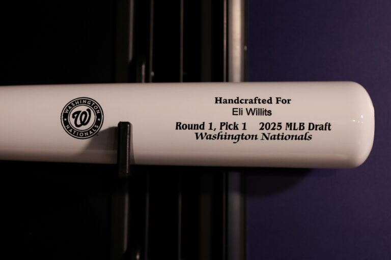 A bat displays the name of the number one overall pick Eli Willits of the Washington Nationals at the MLB Draft at The Coca-Cola Roxy.