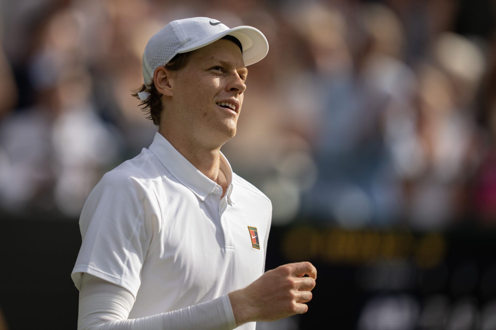 Jannik Sinner of Italy celebrates winning his match against Ben Shelton of the United States on day 10 at All England Lawn Tennis and Croquet Club.
