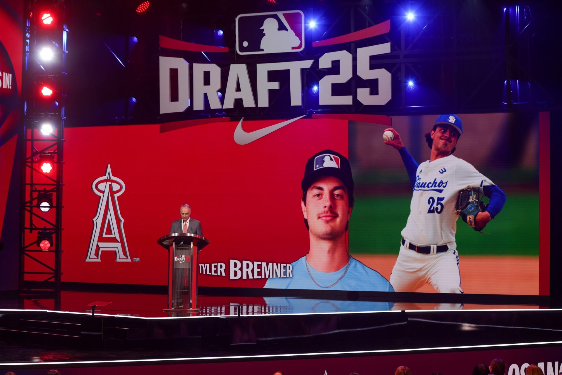 Tyler Bremner is drafted by the Los Angeles Angels with the second pick during the first round of the MLB Draft at The Coca-Cola Roxy.