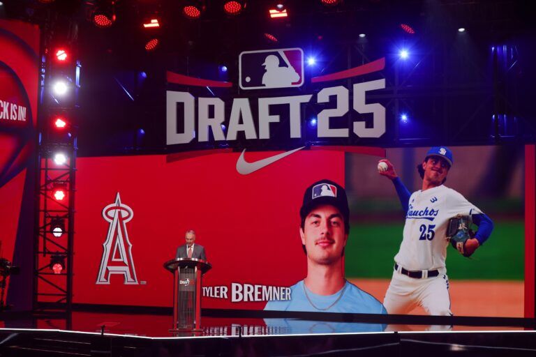 Tyler Bremner is drafted by the Los Angeles Angels with the second pick during the first round of the MLB Draft at The Coca-Cola Roxy.