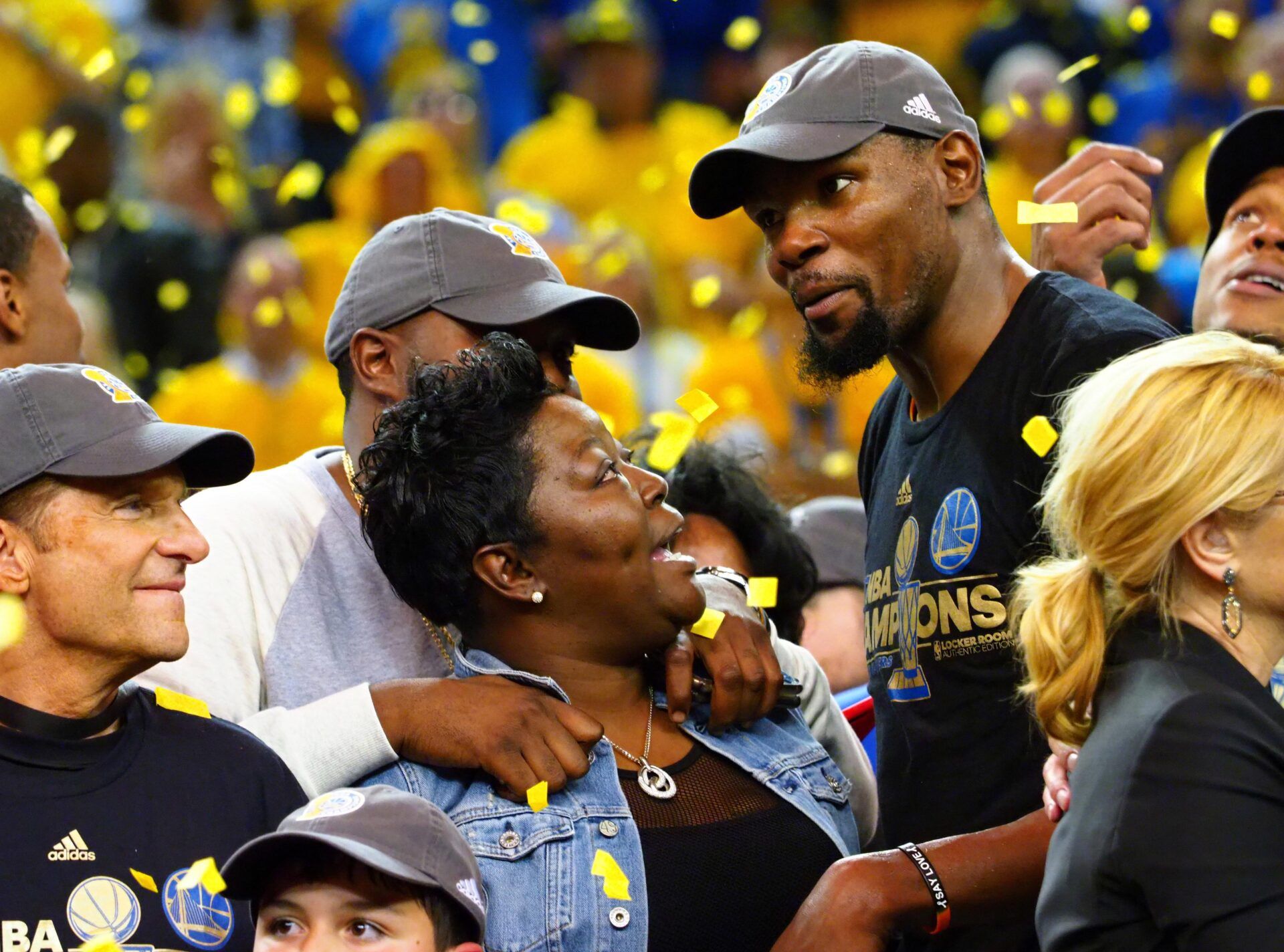 Golden State Warriors forward Kevin Durant (35) celebrates with his mother Wanda Durant after beating the Cleveland Cavaliers in game five of the 2017 NBA Finals at Oracle Arena.