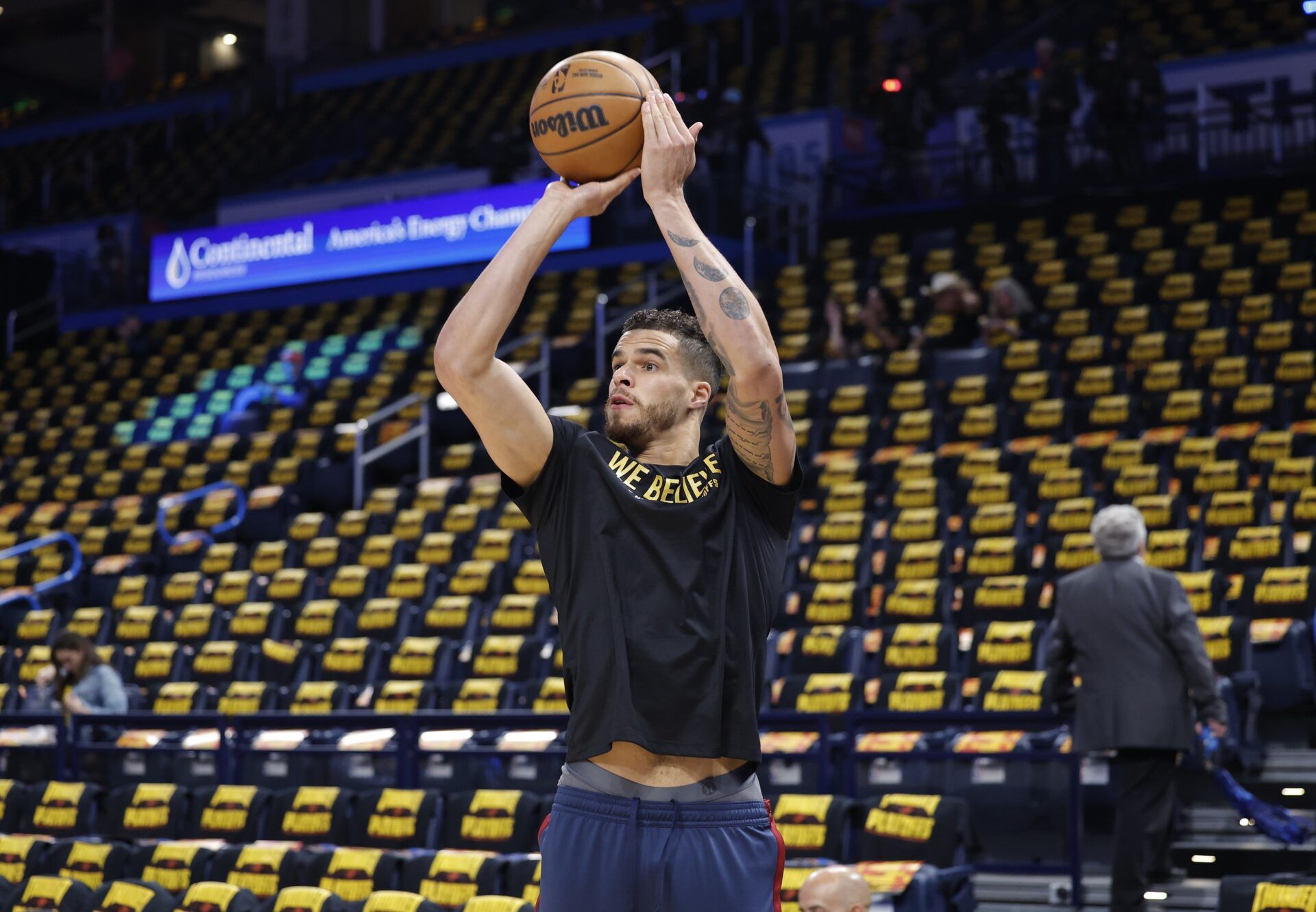 Denver Nuggets forward Michael Porter Jr. warms up before the start of game two of the second round against the Oklahoma City Thunder for the 2025 NBA Playoffs at Paycom Center.