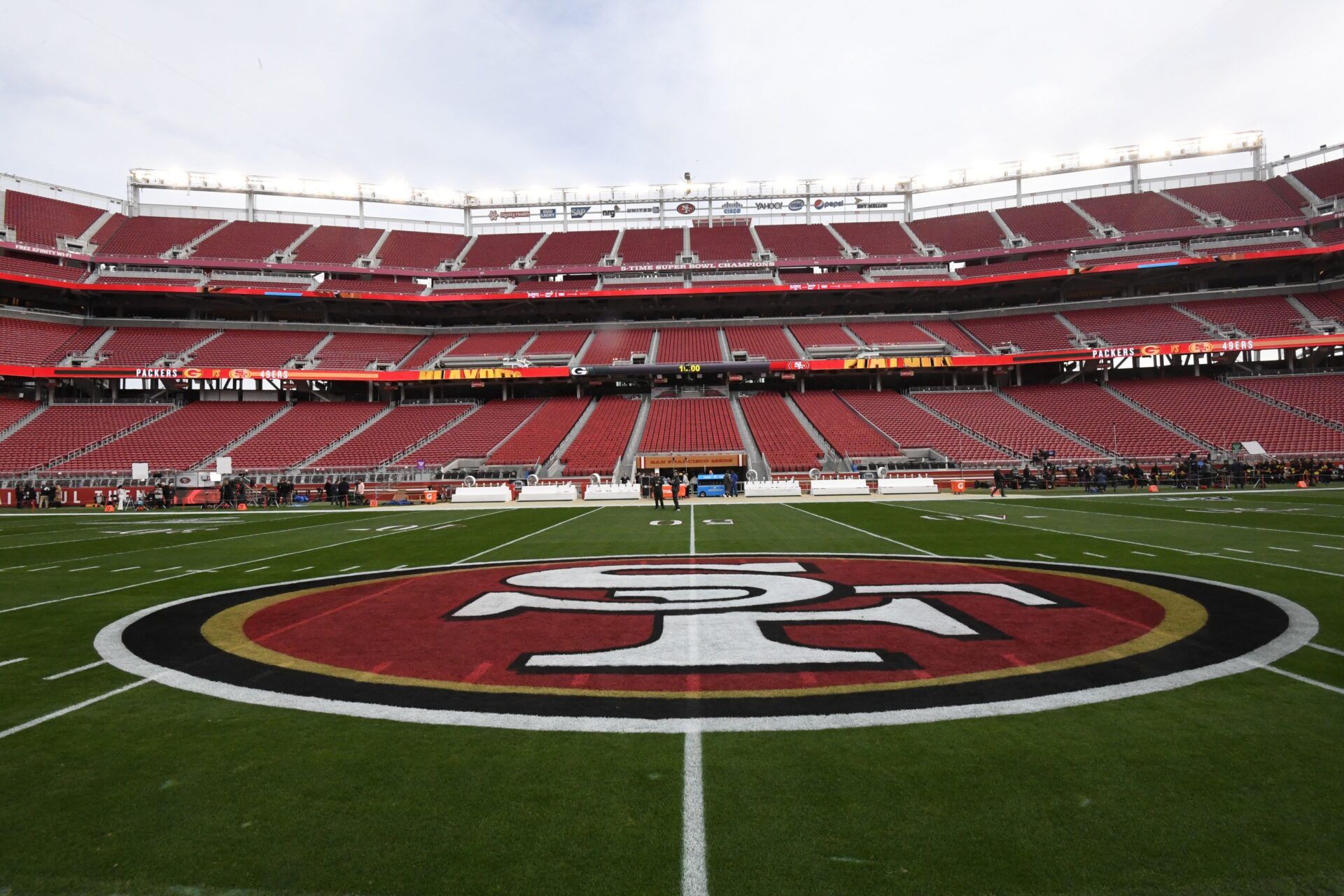 A general view of the 49ers  logo on the field before the NFC Championship Game between the San Francisco 49ers and Green Bay Packers at Levi's Stadium.
