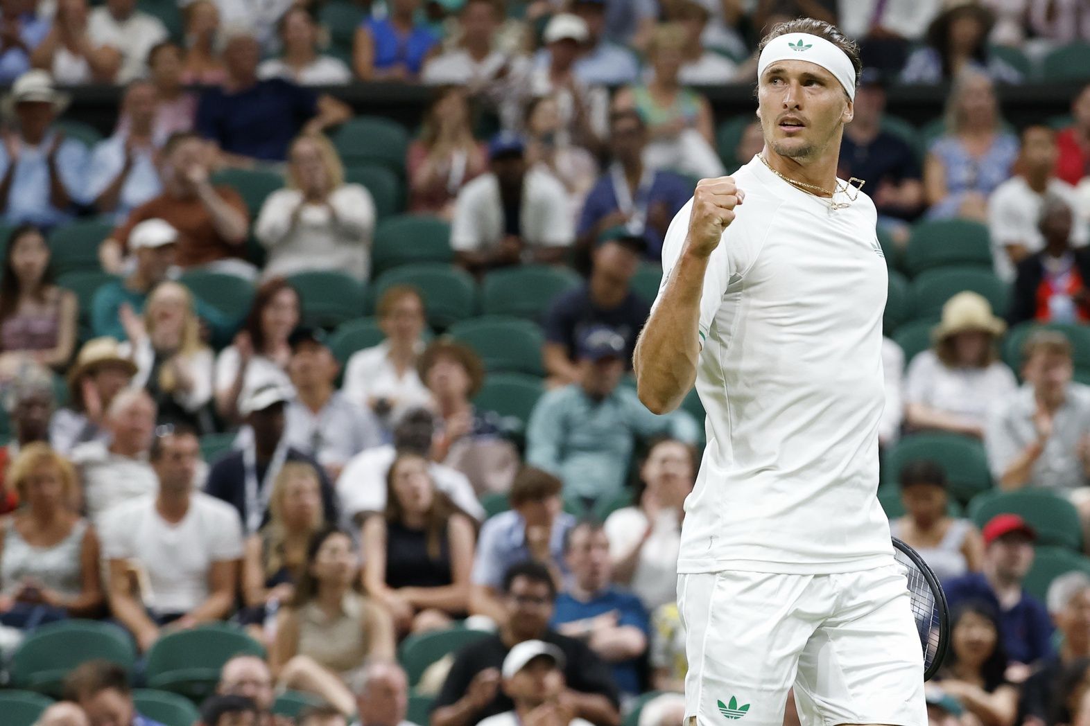Alexander Zverev (GER) reacts after winning a point against Arthur Rinderknech (FRA)(not pictured) on day one of The Championships, Wimbledon 2025 at All England Lawn Tennis and Croquet Club.