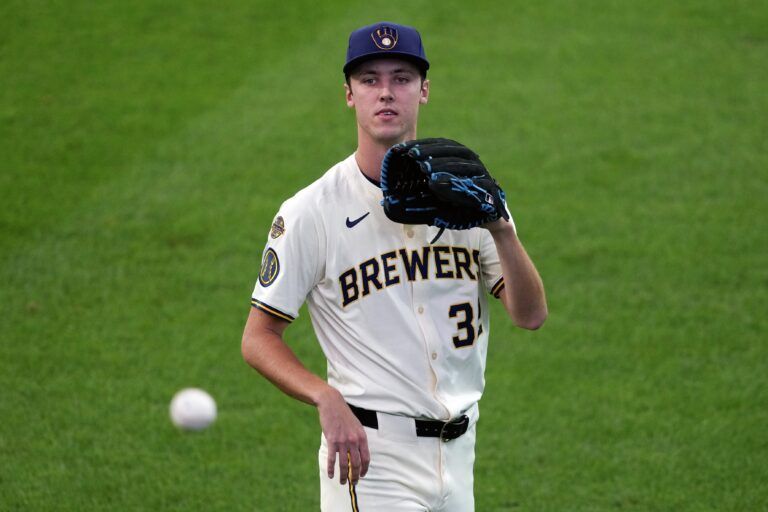 Milwaukee Brewers pitcher Jacob Misiorowski (32) warms up in the outfield prior to the game against the Los Angeles Dodgers at American Family Field.