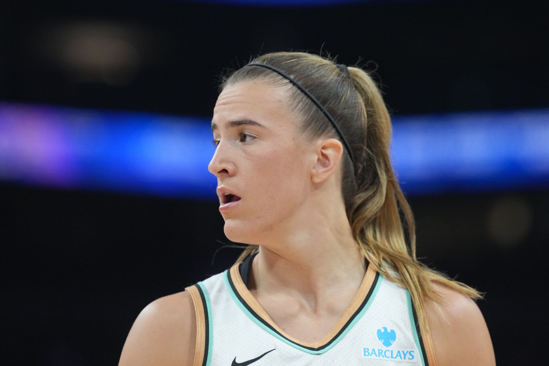 New York Liberty guard Sabrina Ionescu (20) looks on against the Phoenix Mercury during the second half at Footprint Center.
