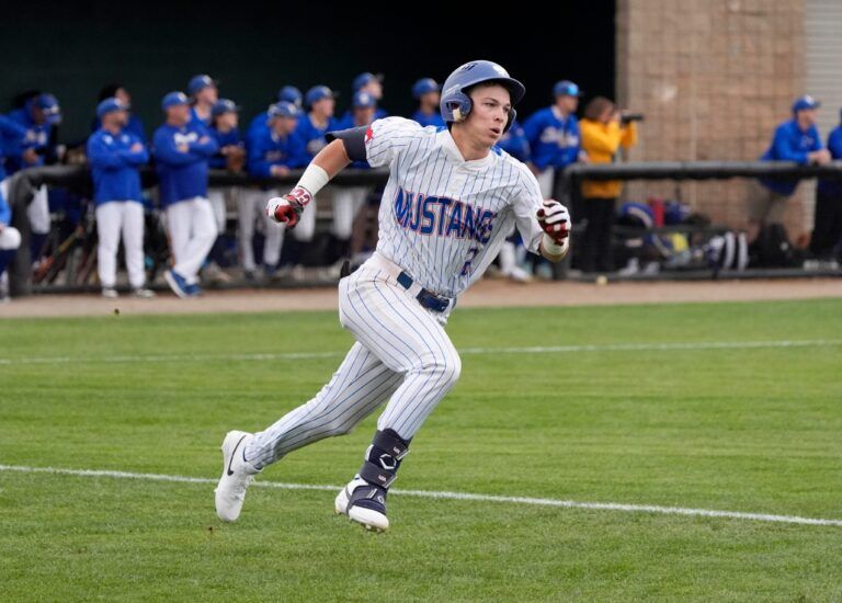 Fort Cobb-Broxton's Eli Willits runs to first after hitting a fly ball during the high school baseball game between Fort Cobb-Broxton and Stillwater at Edmond Santa Fe High School in Edmond, Okla., Friday, April, 18, 2025.