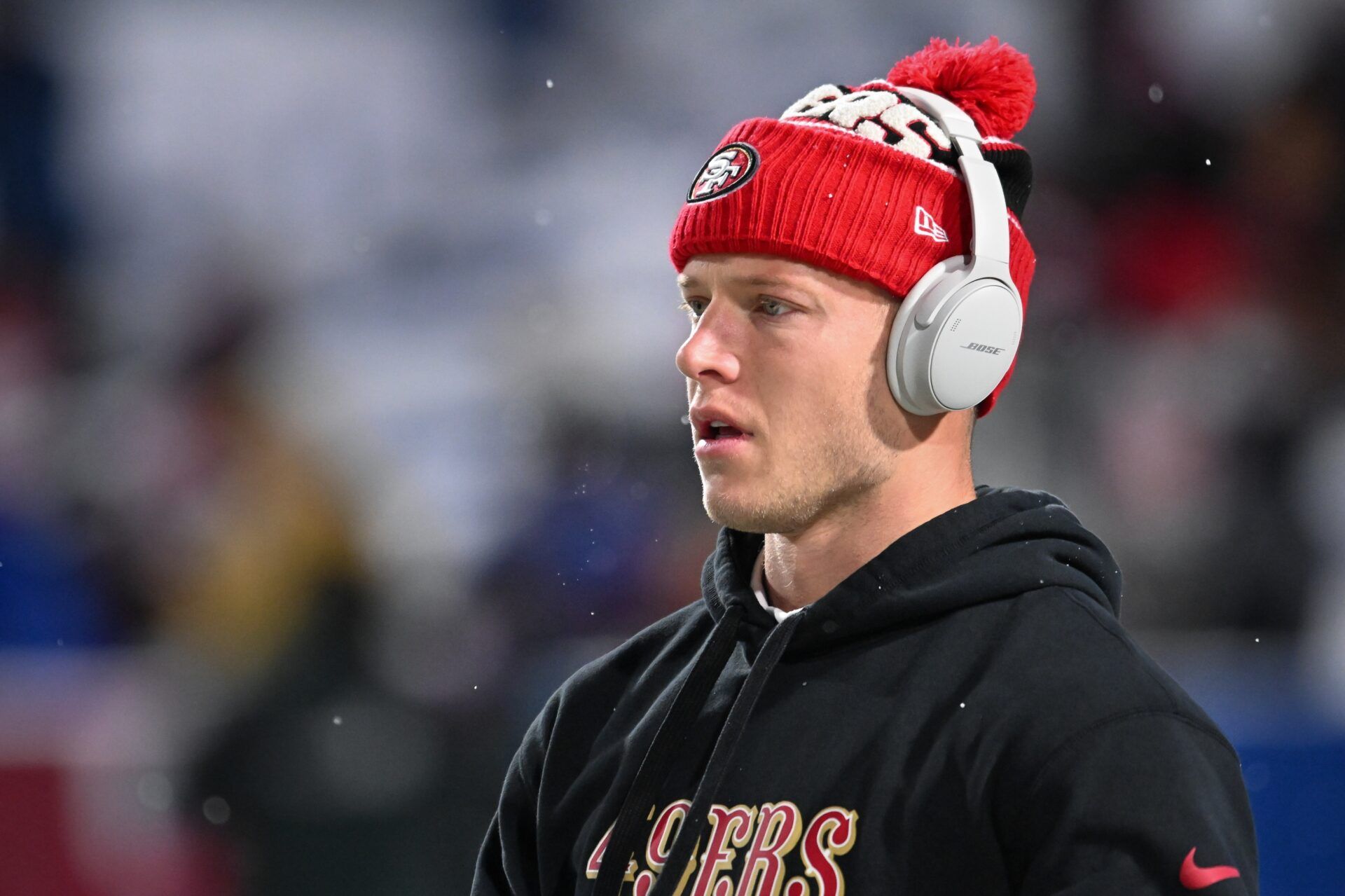 San Francisco 49ers running back Christian McCaffrey (23) warms up before a game against the Buffalo Bills at Highmark Stadium.