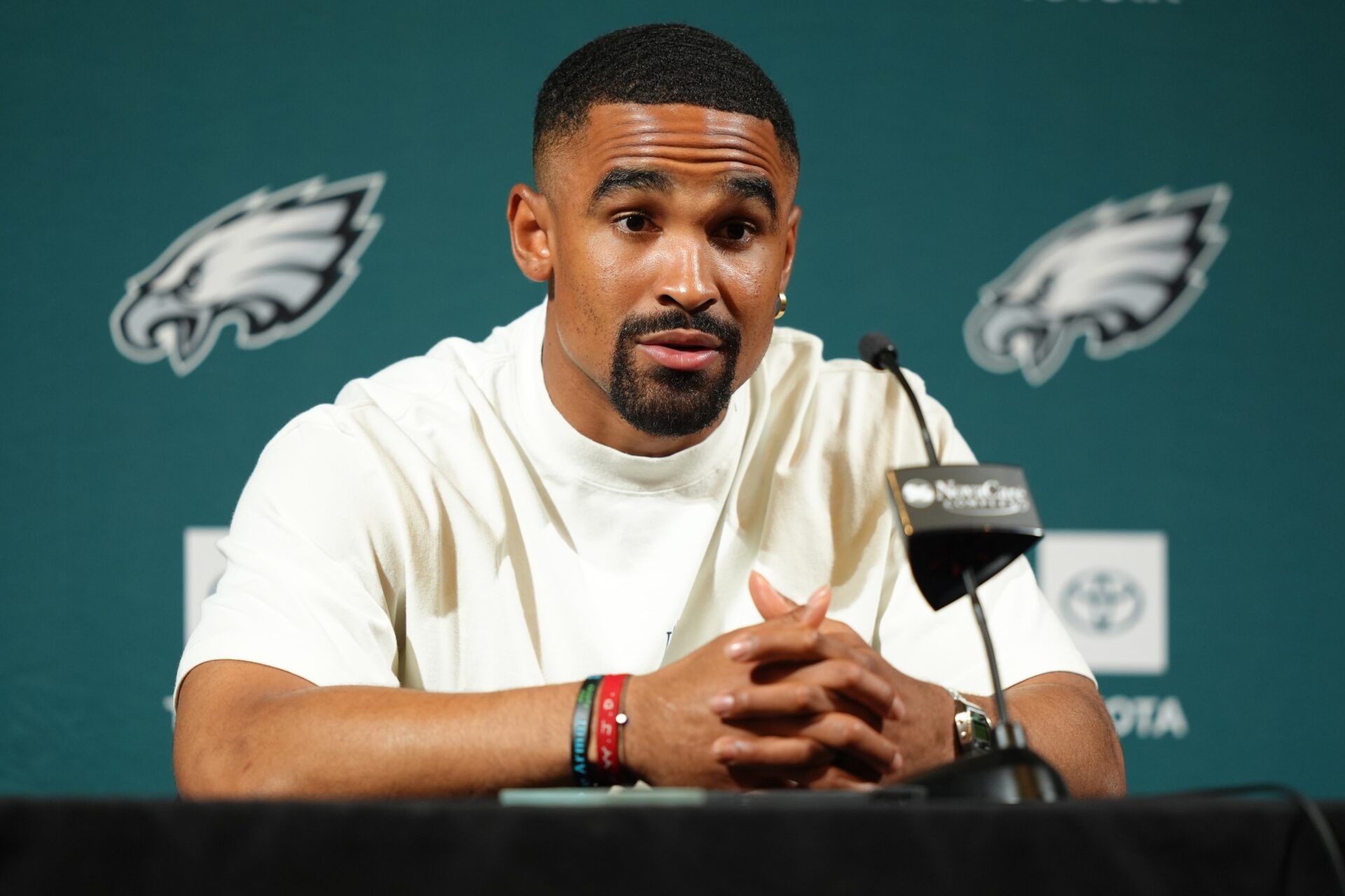 Philadelphia Eagles quarterback Jalen Hurts (1) addresses media during a press conference at NovaCare Complex.
