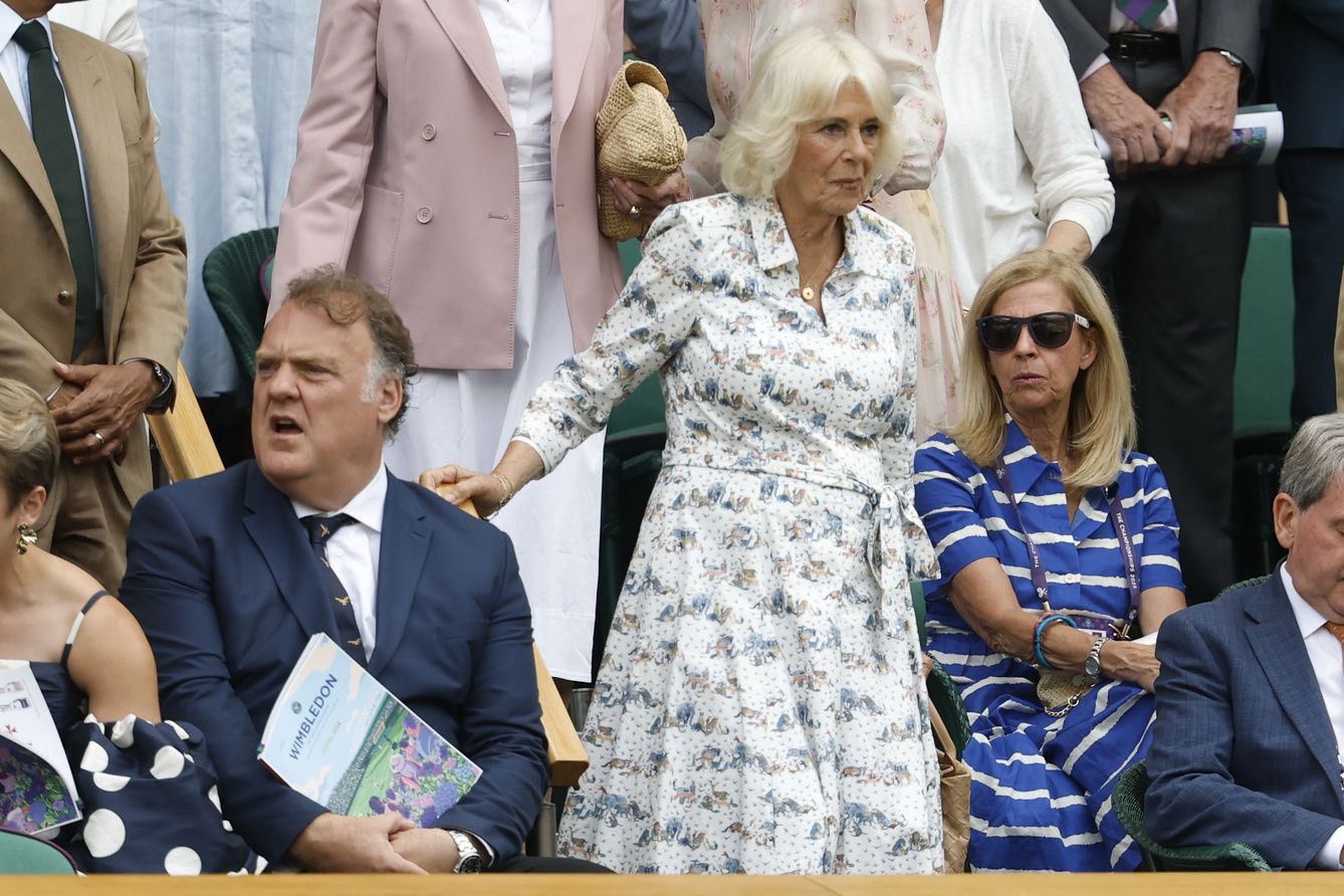 Queen Camilla arrives in the Royal Box prior to the match between Belinda Bencic (SUI) and Mirra Andreeva (both not pictured) in a ladies' singles quarter-final on day ten of these Championships Wimbledon 2025 at All England Lawn Tennis and Croquet Club.