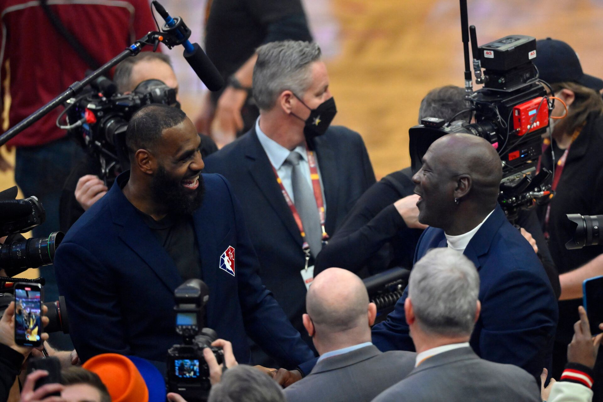 Lebron James and Michael Jordan on court during halftime during the 2022 NBA All-Star Game at Rocket Mortgage FieldHouse.