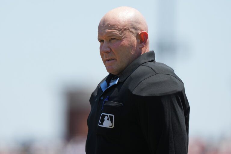 Home plate umpire Mike Estabrook (83) during the third inning of the game between the San Francisco Giants and the Los Angeles Dodgers at Oracle Park.