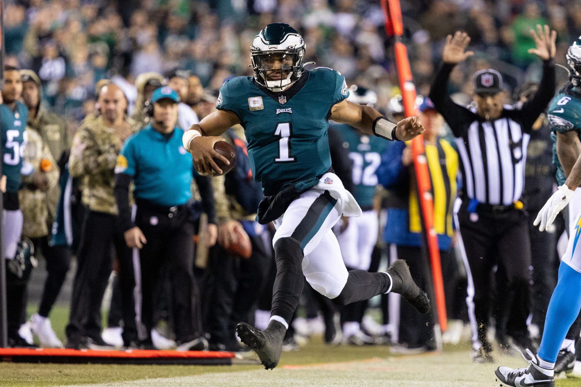 Philadelphia Eagles quarterback Jalen Hurts (1) runs for a first down during the fourth quarter against the Los Angeles Chargers at Lincoln Financial Field.