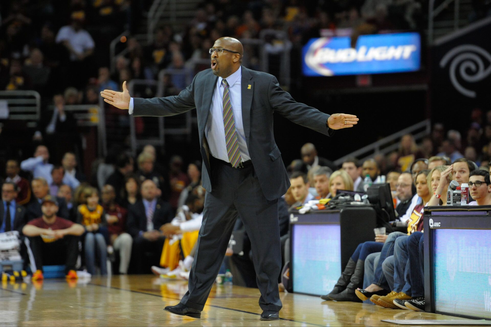 Cleveland Cavaliers head coach Mike Brown reacts against the New York Knicks at Quicken Loans Arena. New York won 107-97.